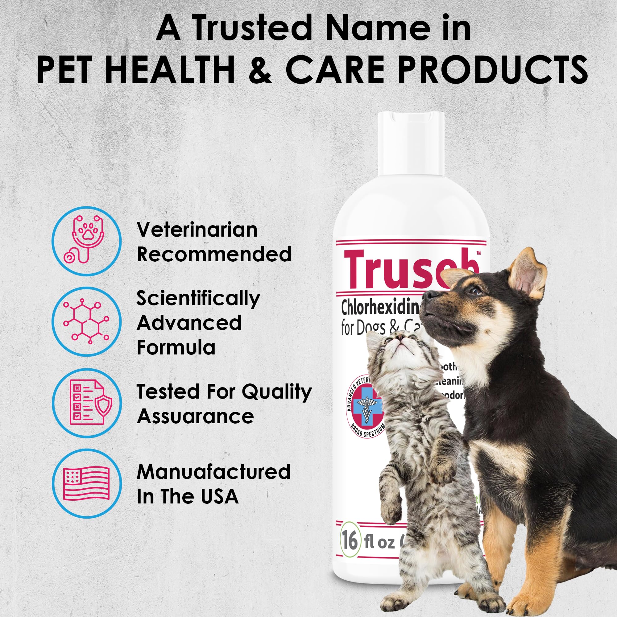 Truseb product photo focusing on dryness relief in pet skin.