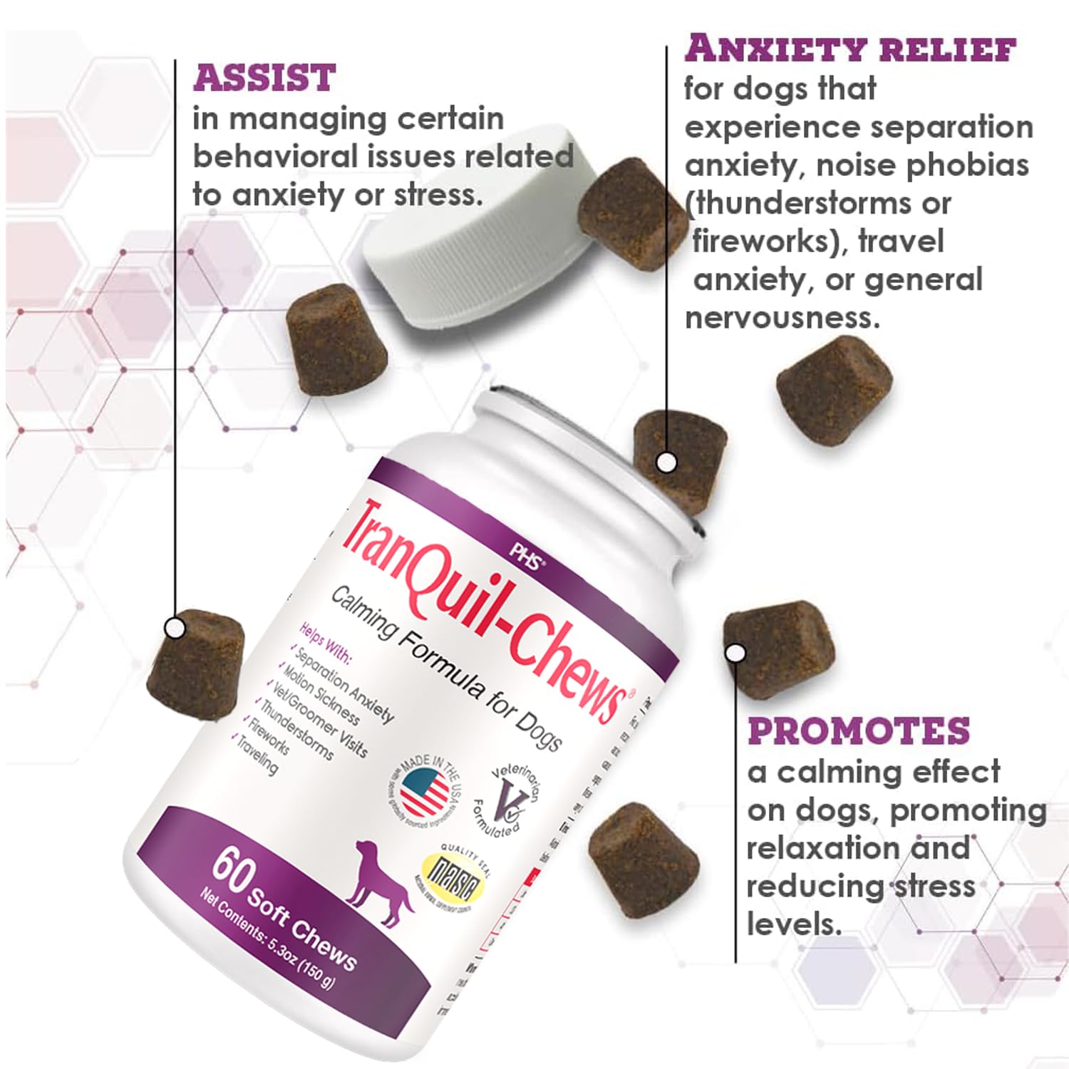 Tranquil-Chews beef flavored soft chews close up for calmer dogs during stress