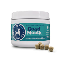 Pet HealthWorks Good Mouth Chews packaging shows a resealable bottle for easy daily use.