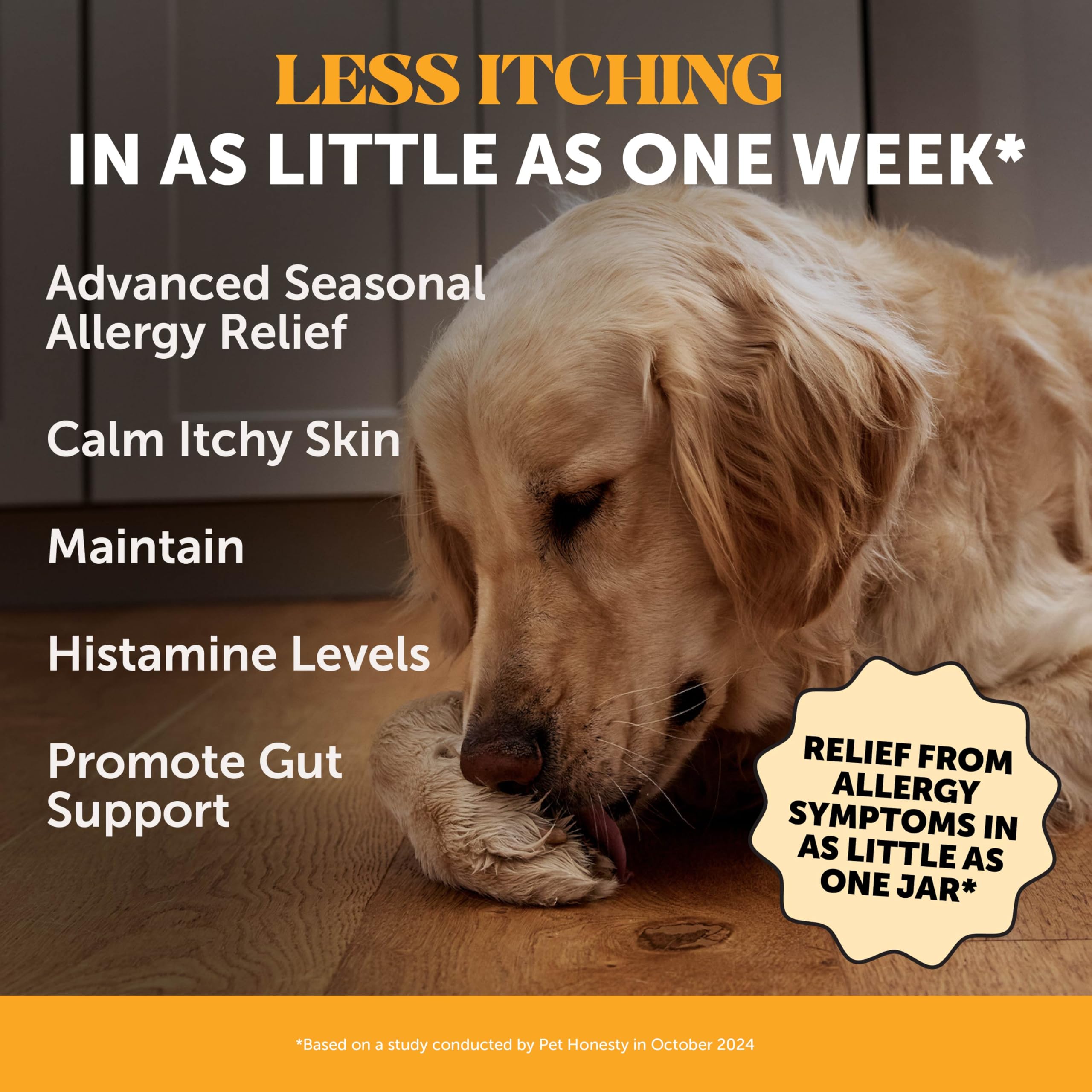 Pet Honesty allergy chews closeup bottle label highlighting probiotic and colostrum benefits