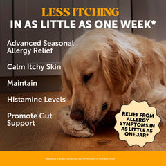 Pet Honesty allergy chews closeup bottle label highlighting probiotic and colostrum benefits