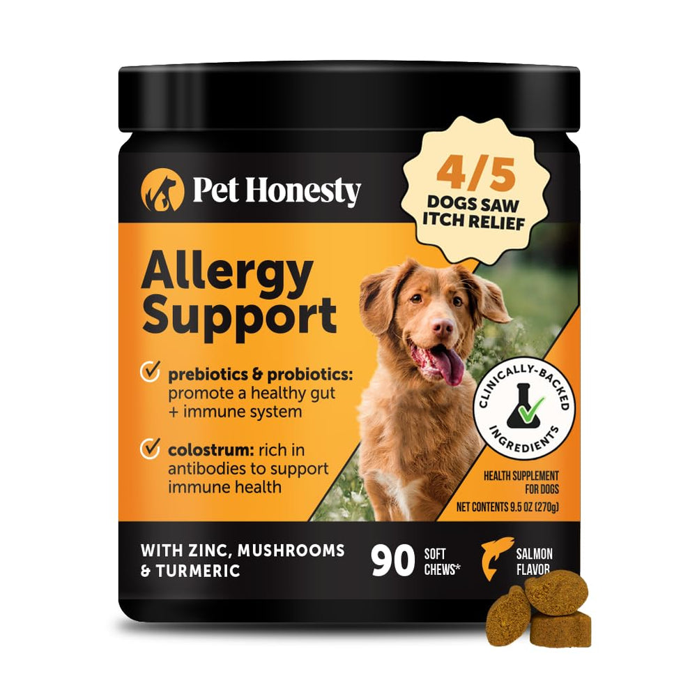 Pet Honesty allergy itch relief bottle with salmon-flavored chews for skin comfort