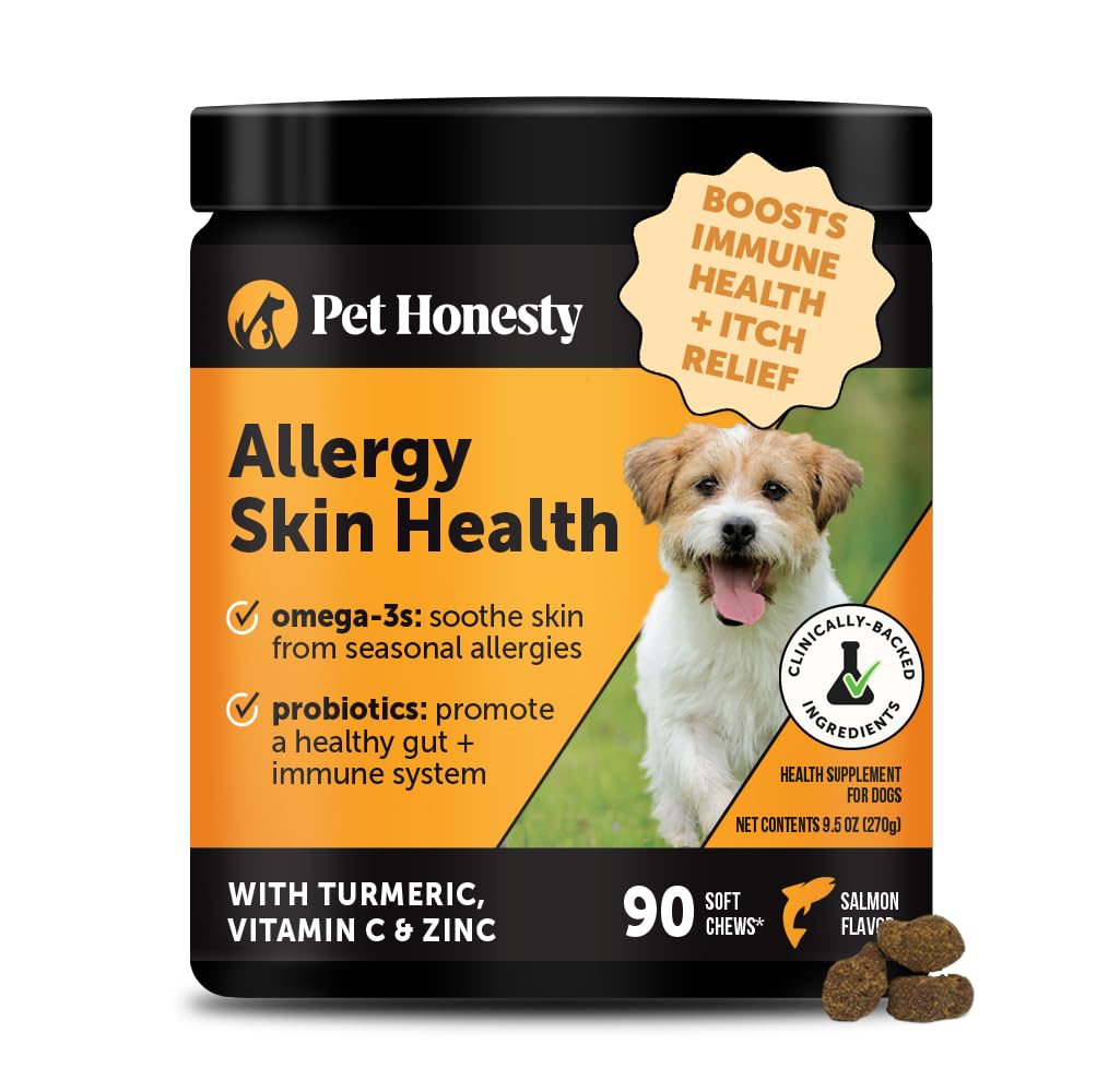 Pet Honesty Allergy Skin Health bottle with salmon-chews supports skin comfort