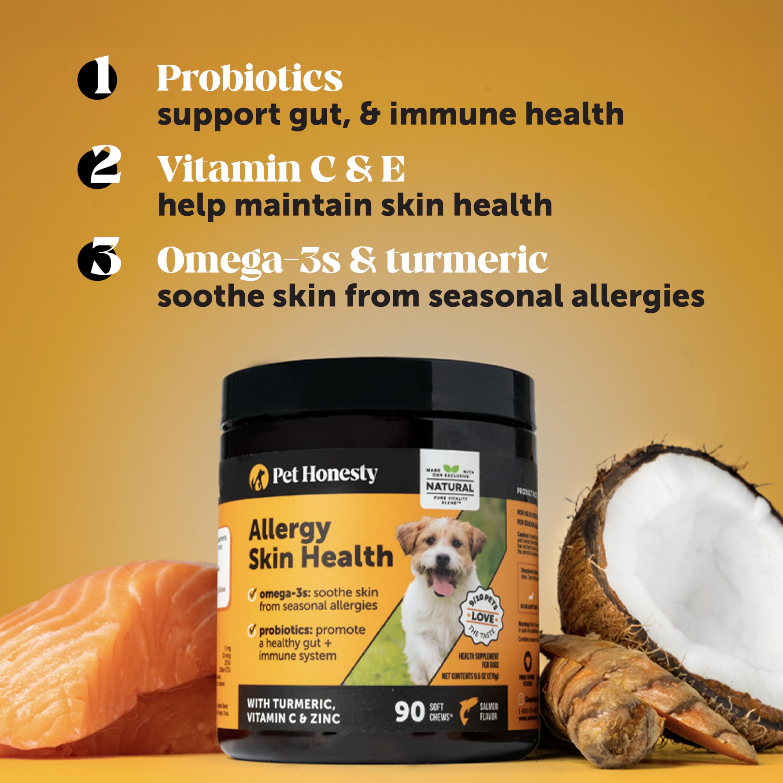 Pet Honesty Allergy Skin Health ingredients panel featuring fish oil and probiotics
