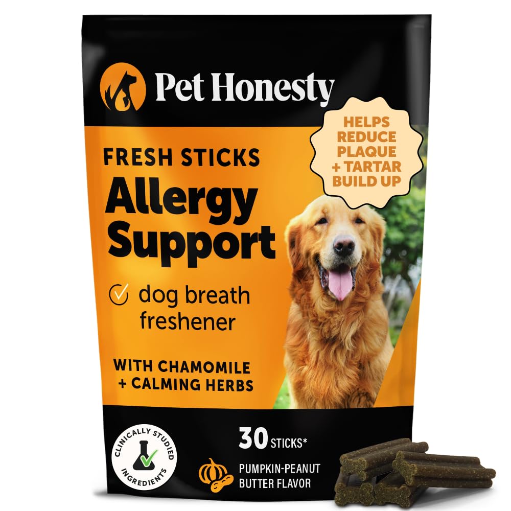 Pet Honesty Allergy Support Fresh Dental Sticks packaging front highlights oral care and fresh breath.