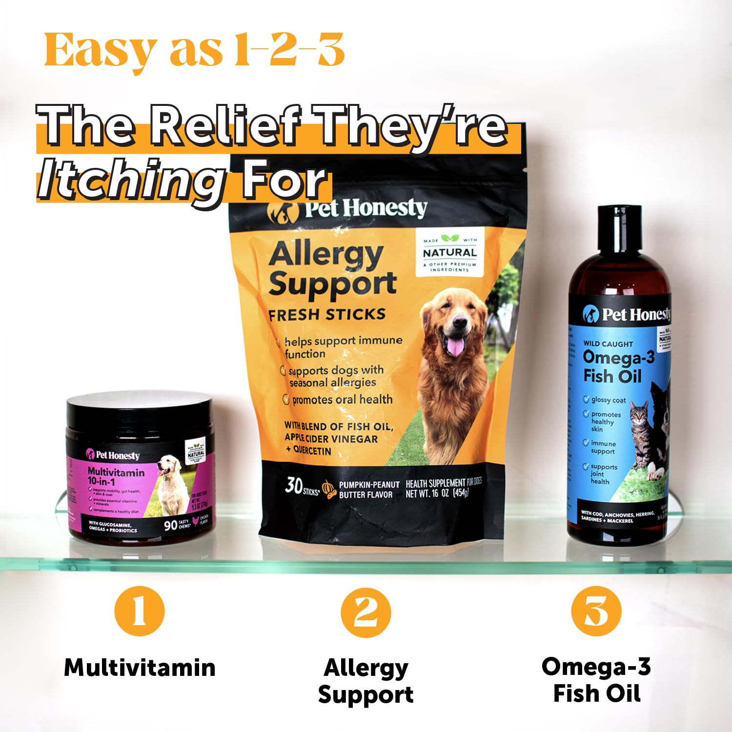 Pet Honesty Allergy Support Fresh Dental Sticks US-made packaging signaling quality and safety.