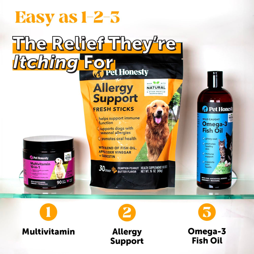 Pet Honesty Allergy Support Fresh Dental Sticks US-made packaging signaling quality and safety.