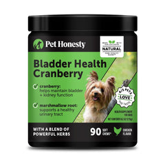 Pet Honesty bladder health dog cranberry chews shown in bowl for urinary health support.