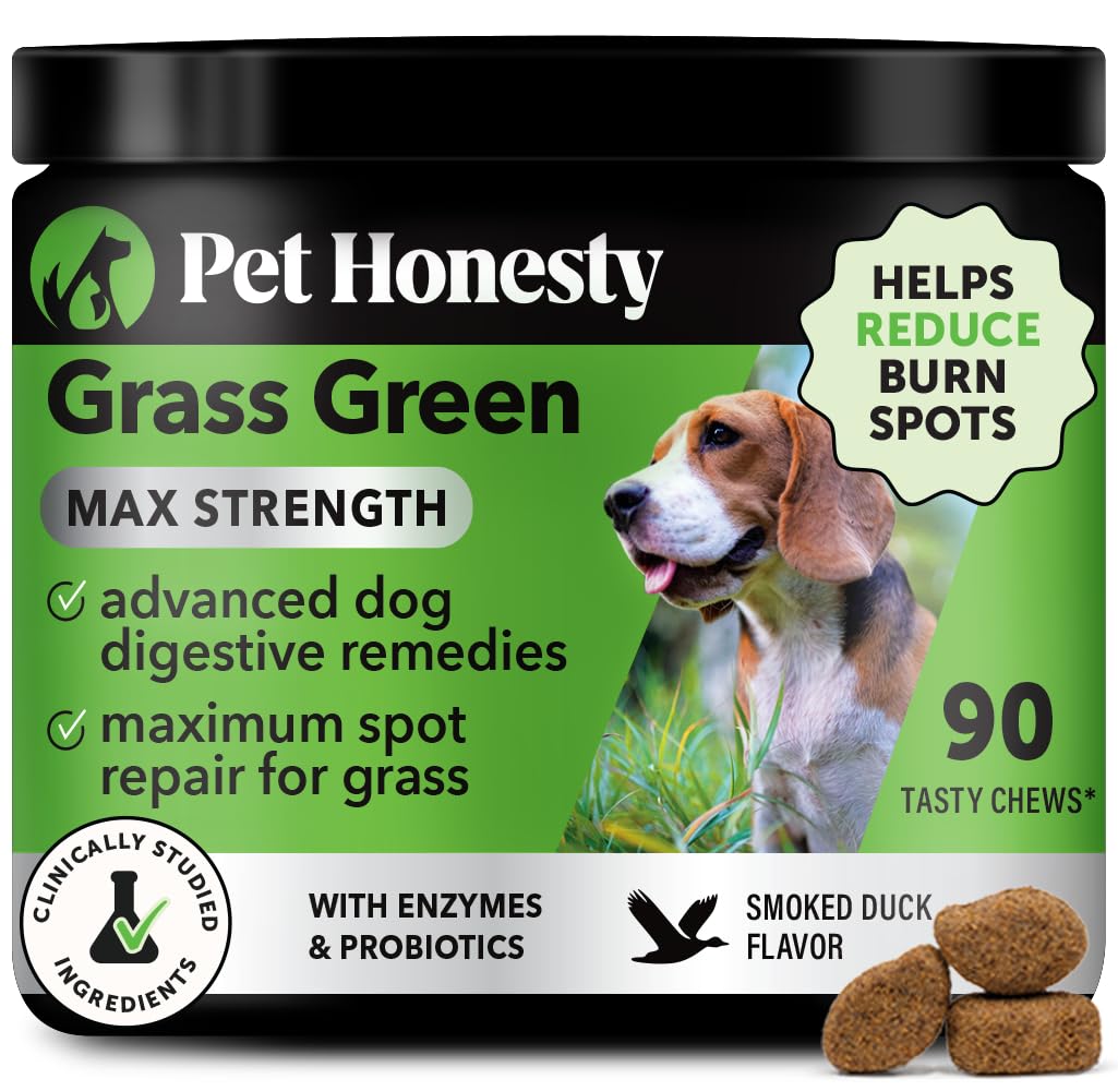 Pet Honesty Grass Green Max Strength bottle pour shows lawn-friendly urinary balance potential.