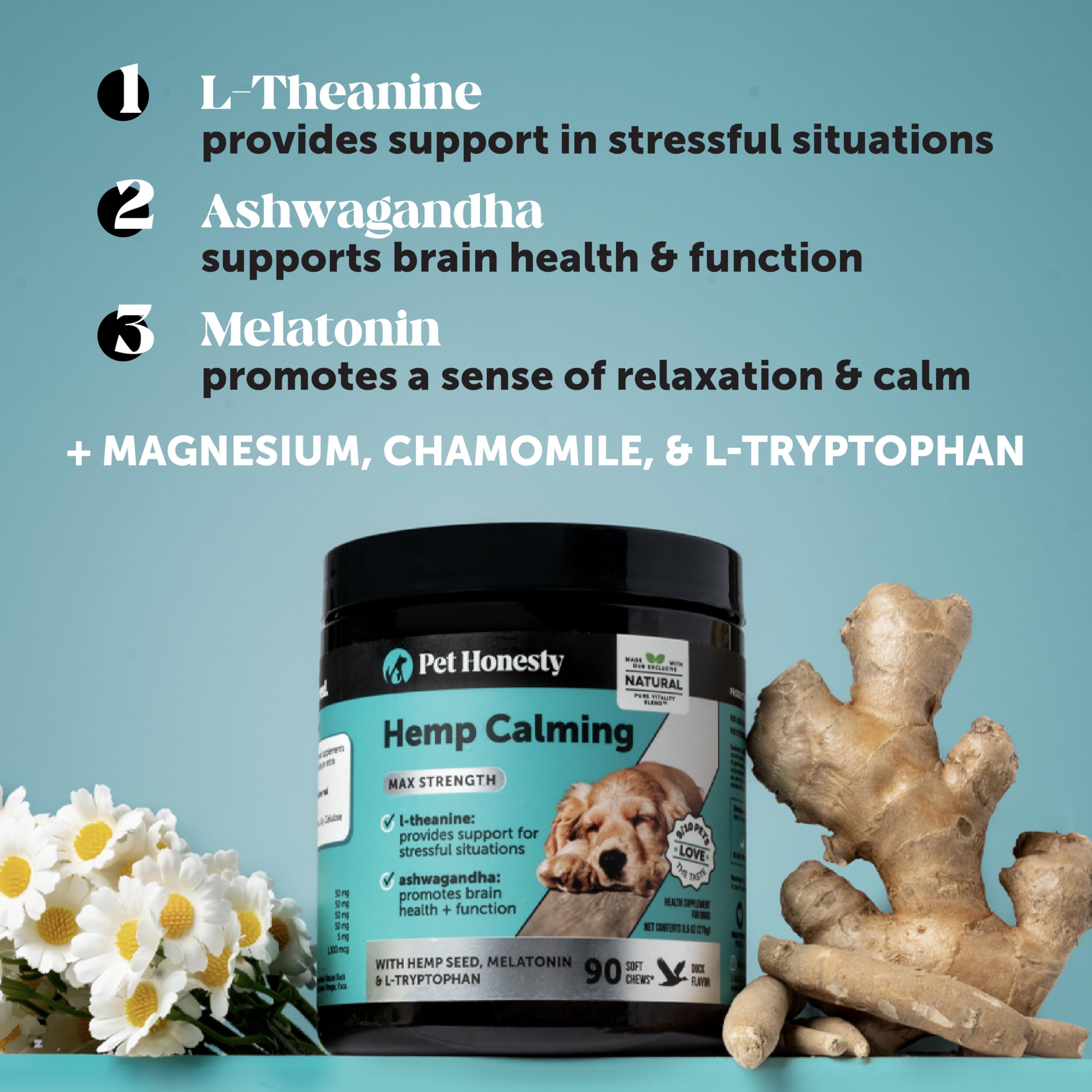 Pet Honesty calminghemp ingredients label duck highlights hemp and botanicals