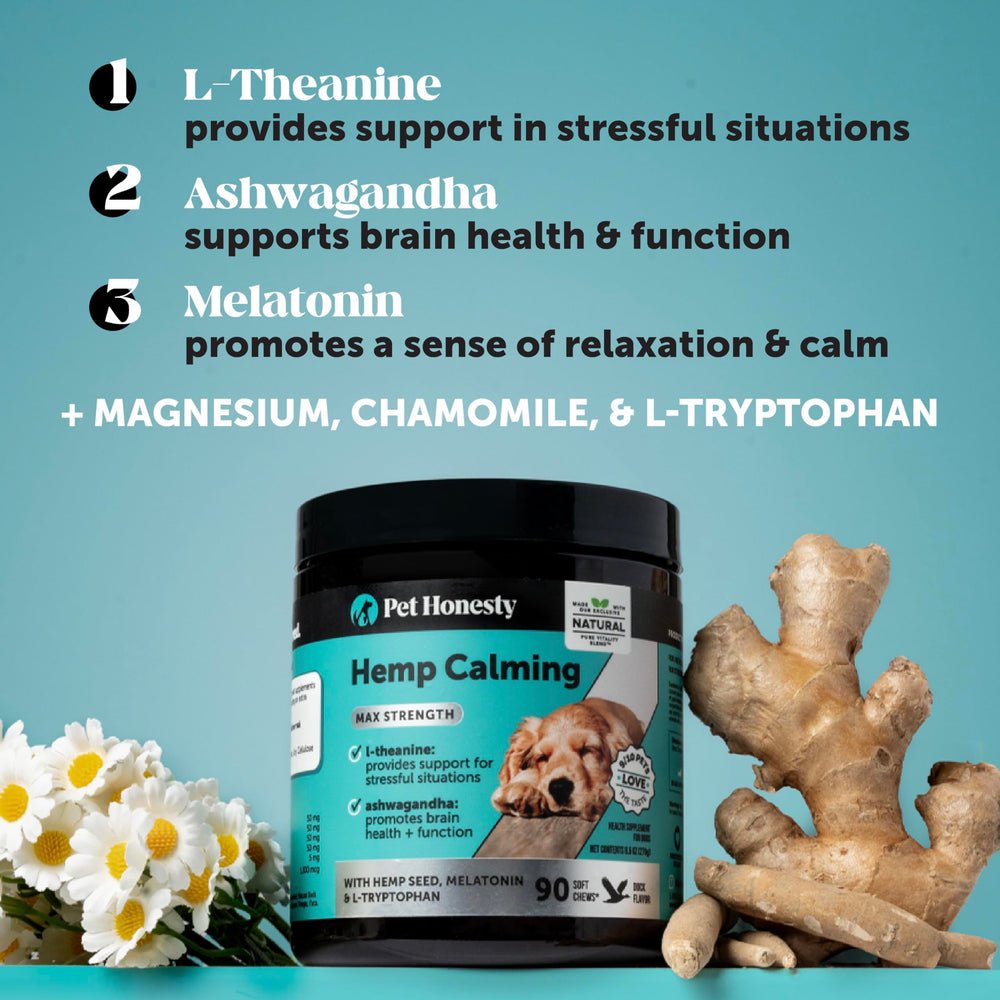 Pet Honesty calminghemp ingredients label duck highlights hemp and botanicals