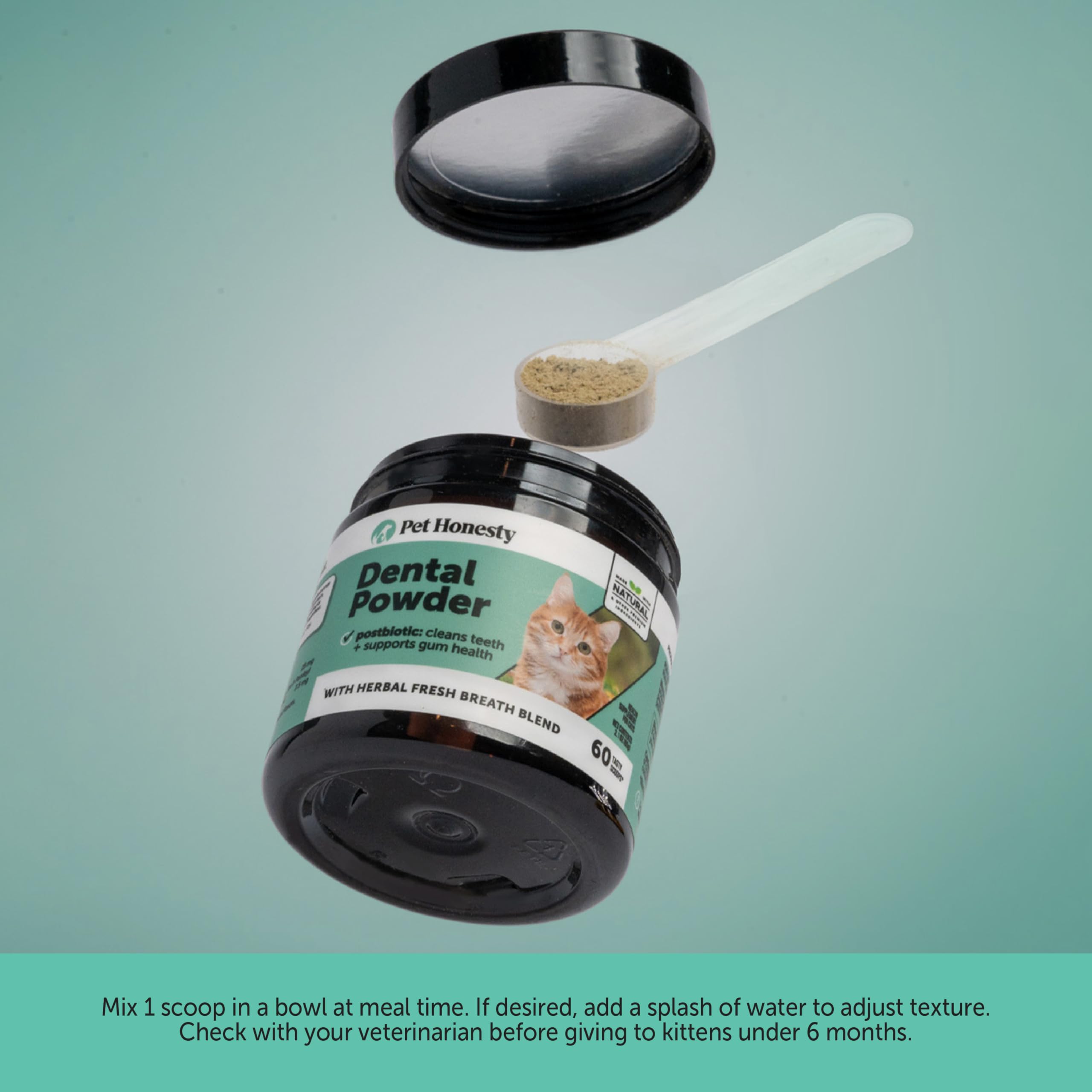 Pet Honesty breath-freshening powder near cat treats.