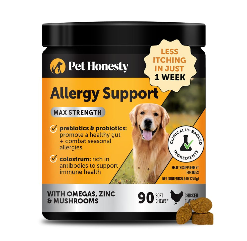 Pet Honesty dog allergy chews packaging shows seasonal allergy support