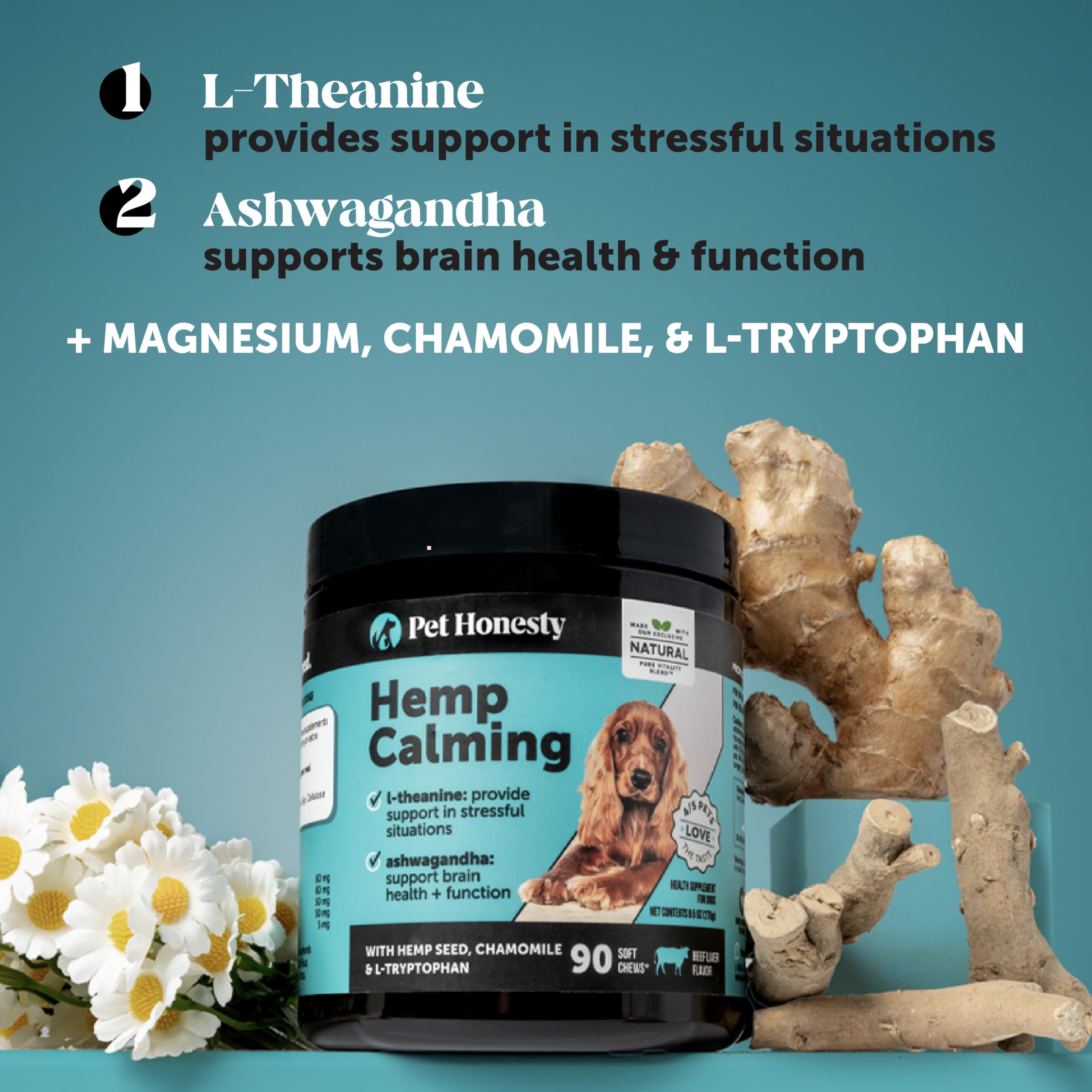 Pet Honesty dog eating calming chews demonstrates easy administration for anxious pets.