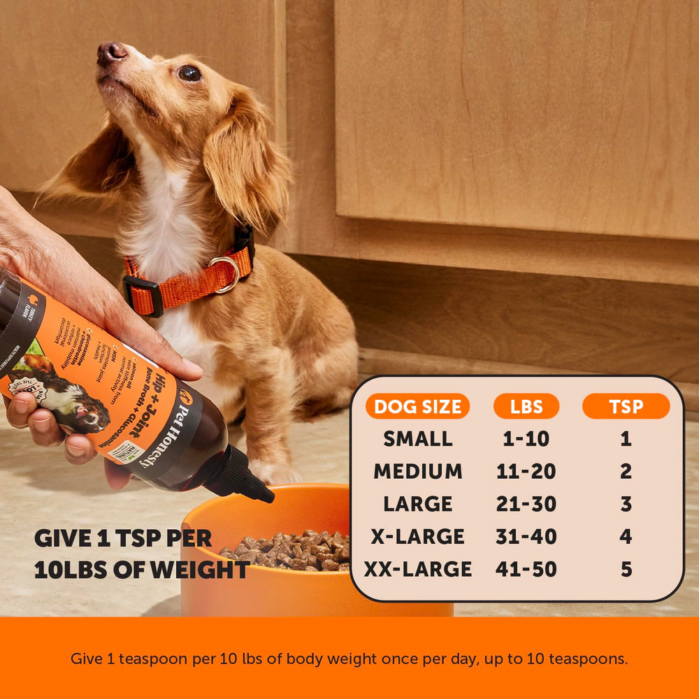 Pet Honesty dog joint supplement bone broth topper adds tasty meal aid for joints.