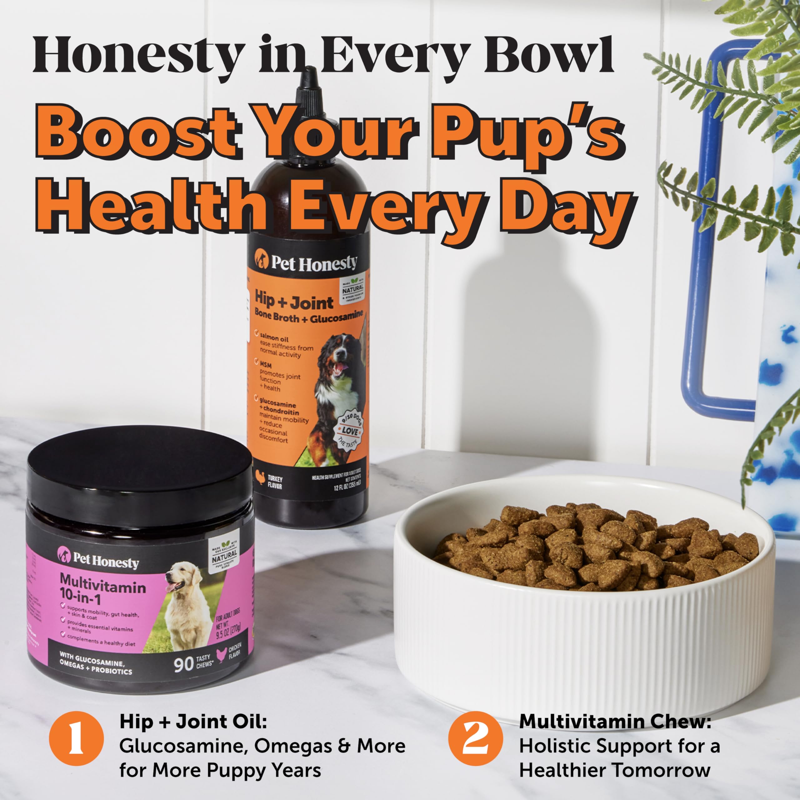 Pet Honesty dog joint supplement collagen bone broth highlights protein boost for joints.