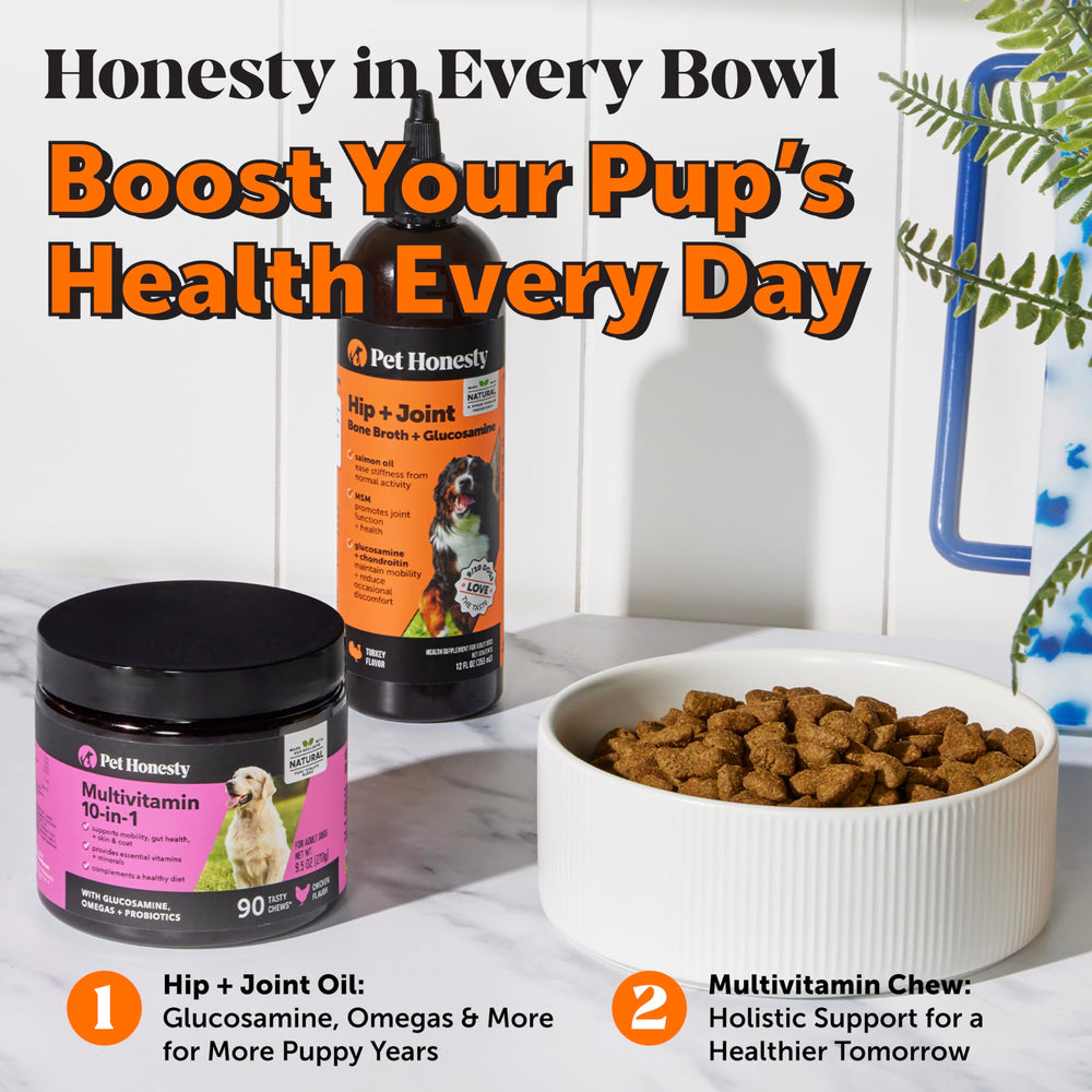 Pet Honesty dog joint supplement collagen bone broth highlights protein boost for joints.