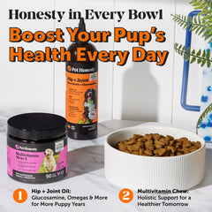 Pet Honesty dog joint supplement collagen bone broth highlights protein boost for joints.