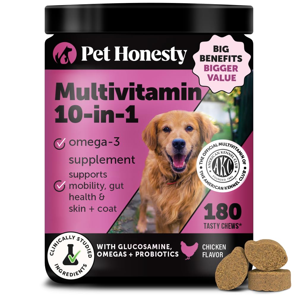 Pet Honesty dog multivitamin bottle with soft chews for daily vitality.