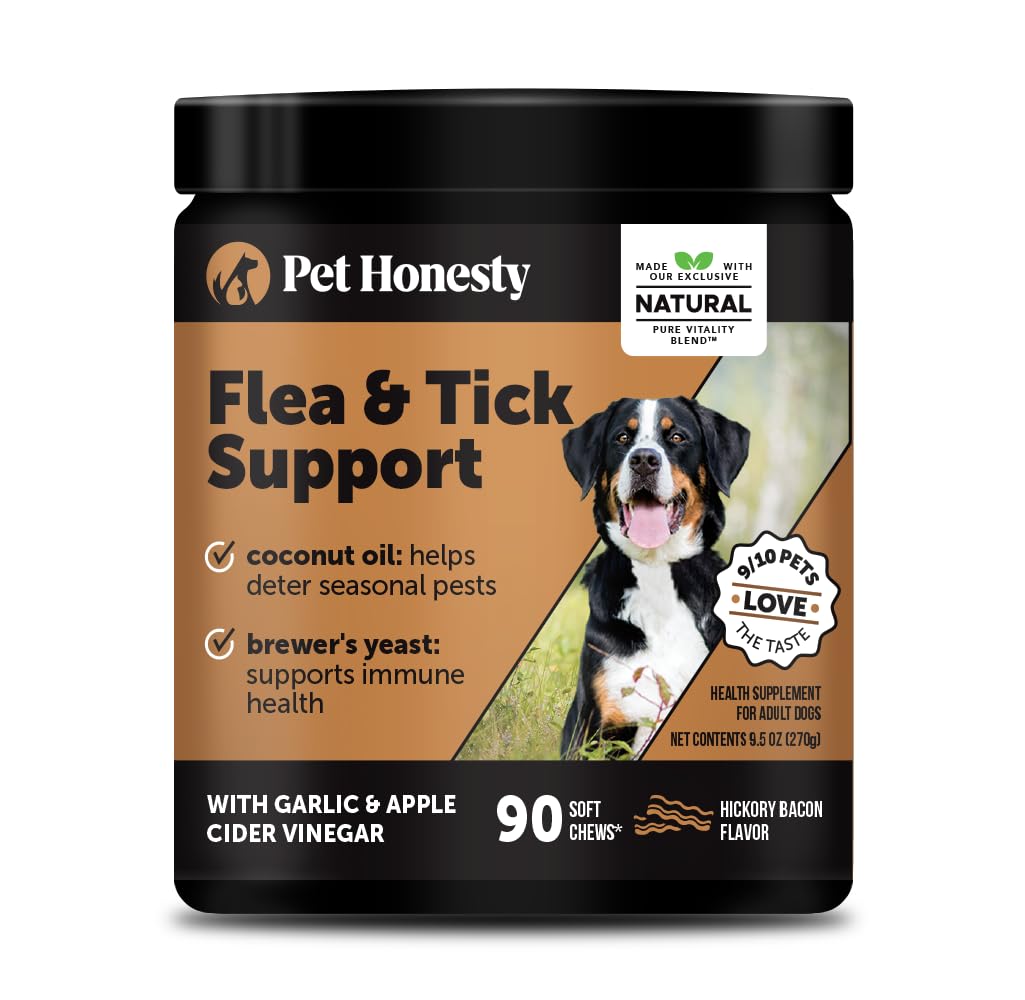 Pet Honesty flea tick chews bacon-bottle: bacon flavor encourages daily outdoor adventures.
