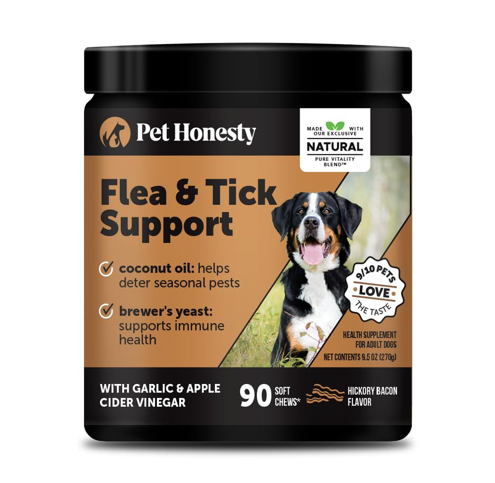 Pet Honesty flea tick chews bacon-bottle: bacon flavor encourages daily outdoor adventures.