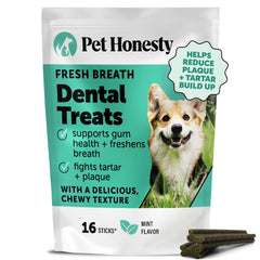 Pet Honesty Fresh Breath Dental Sticks packaging shows the 16-count box for breath care.