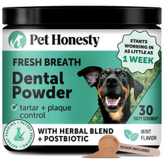 Pet Honesty fresh breath dog powder bottle pour for easier daily dental care.