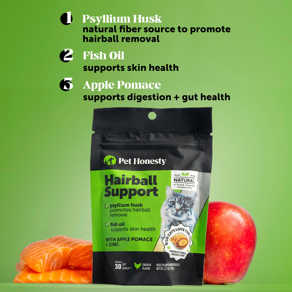 Pet Honesty hairball treats pack image highlighting 90-day supply.