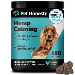 Pet Honesty hemp calming chews bottle packaging supports stress-free travel for dogs