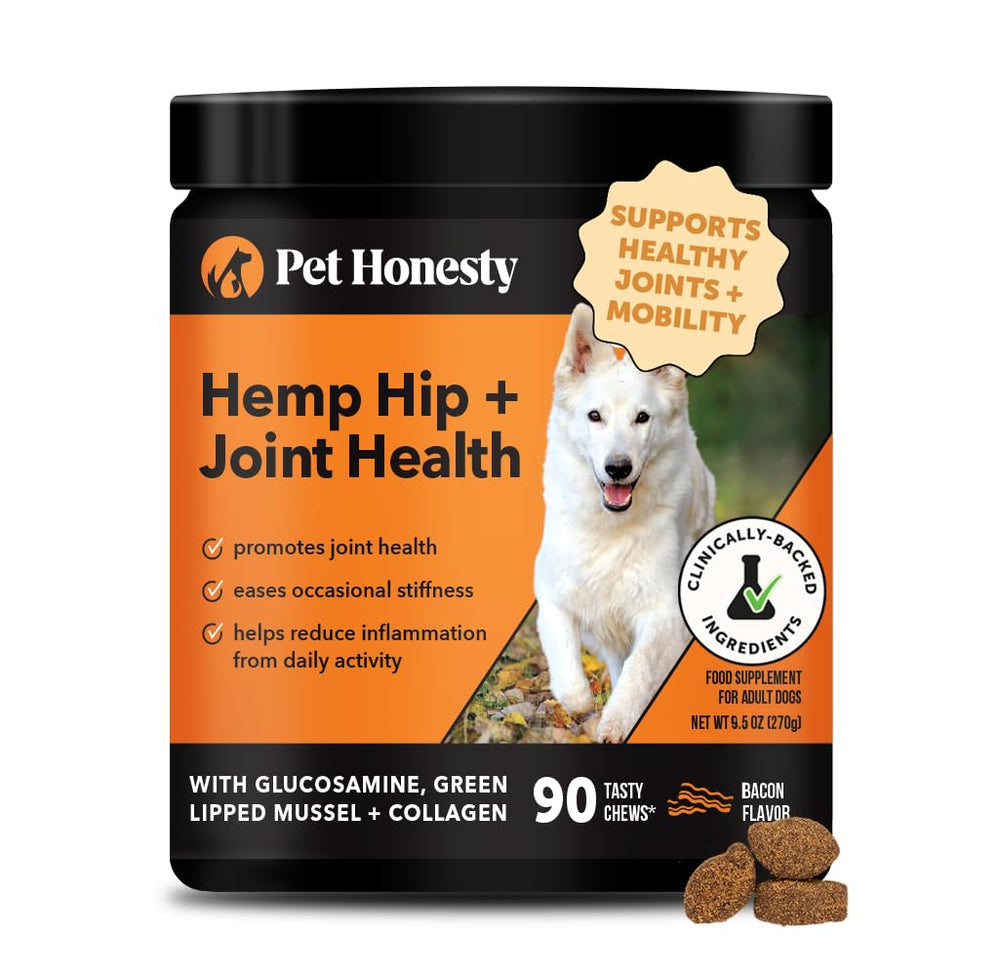 Pet Honesty Hemp Hip & Joint dog chews bacon bag shows tasty mobility support