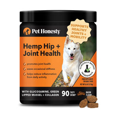 Pet Honesty Hemp Hip & Joint dog chews bacon bag shows tasty mobility support