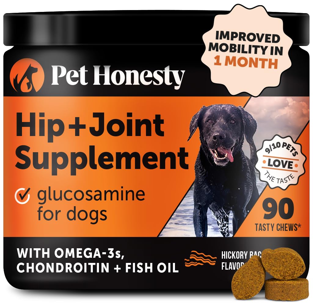 Pet Honesty Hip & Joint chews bottle closeup for daily mobility support.