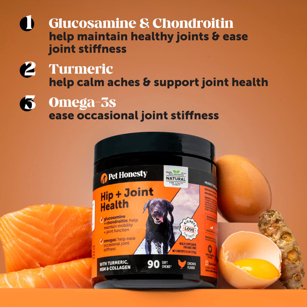 Pet Honesty Hip & Joint chews in dog bowl promoting daily joint care