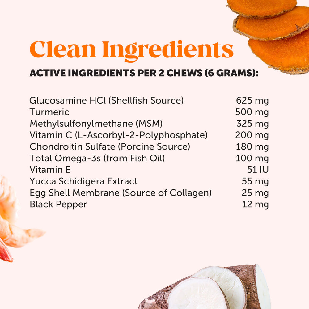 Pet Honesty Hip & Joint ingredients closeup featuring glucosamine and fish oil