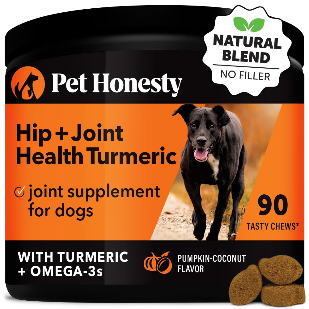 Pet Honesty Hip & Joint turmeric health bottle demonstrates daily mobility support with pumpkin flavor