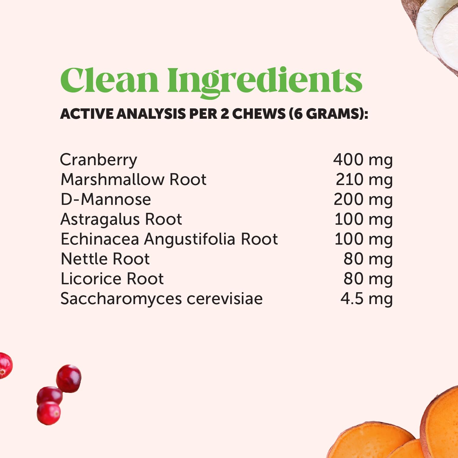 Pet Honesty cranberry marshmallow root d-mannose ingredients label close-up.