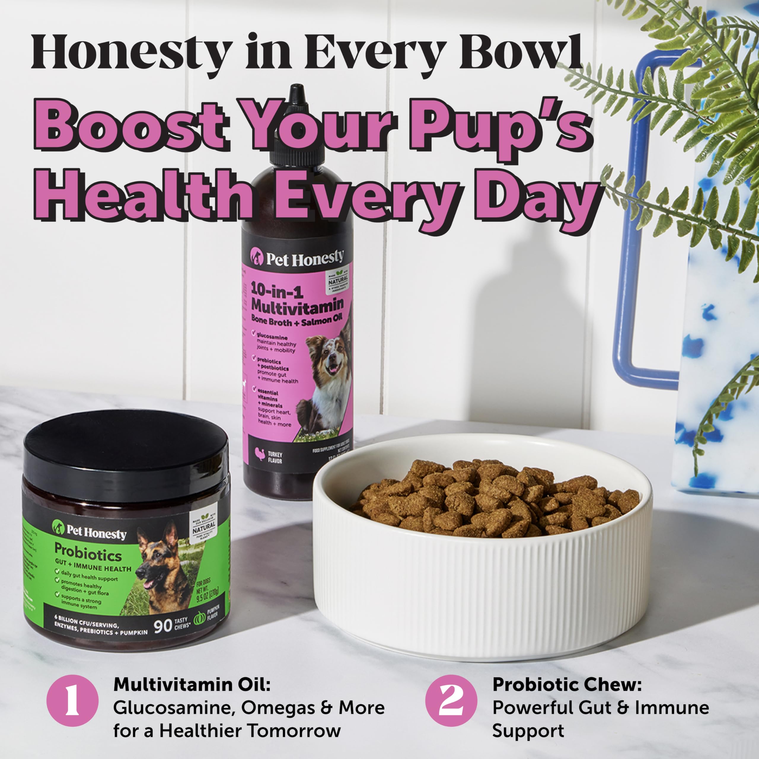 Pet Honesty mealtime bone broth topper splash in dish boosts protein and flavor