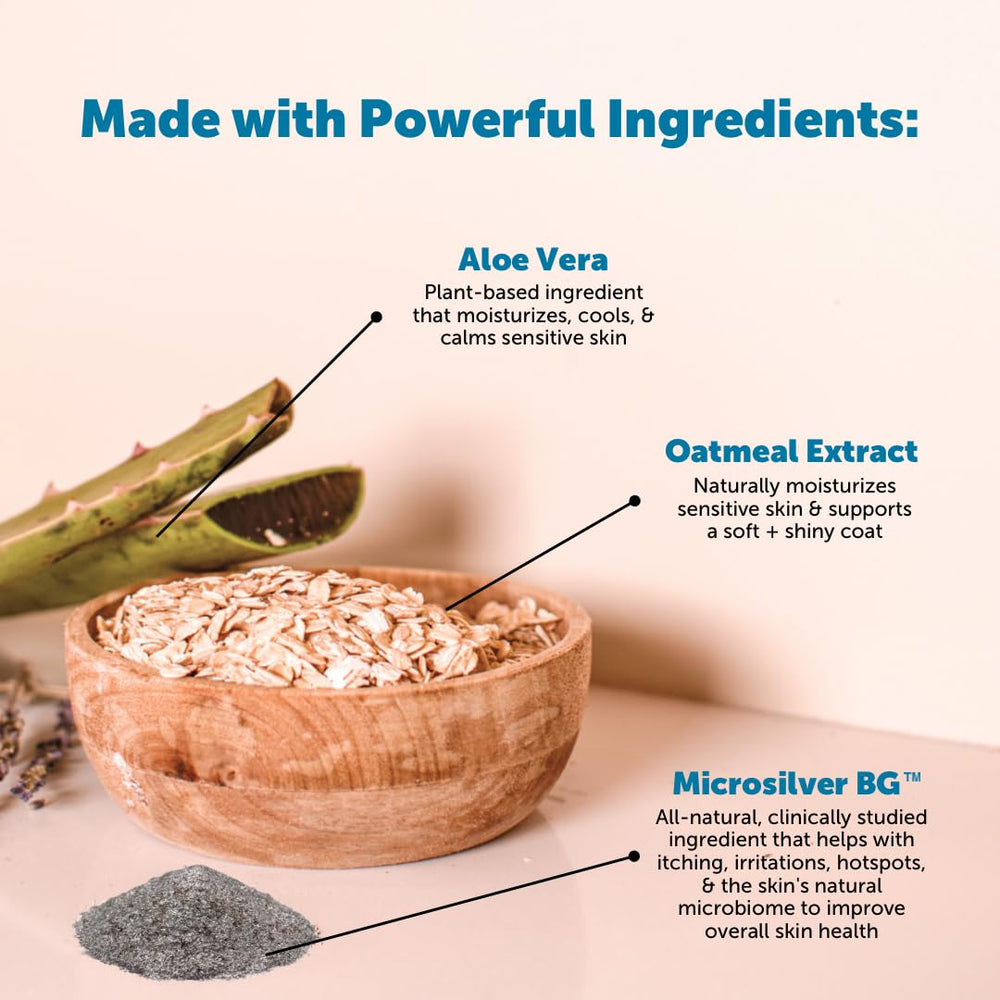 Pet Honesty MicroSilver BG ingredient closeup showing odor control and itch relief.