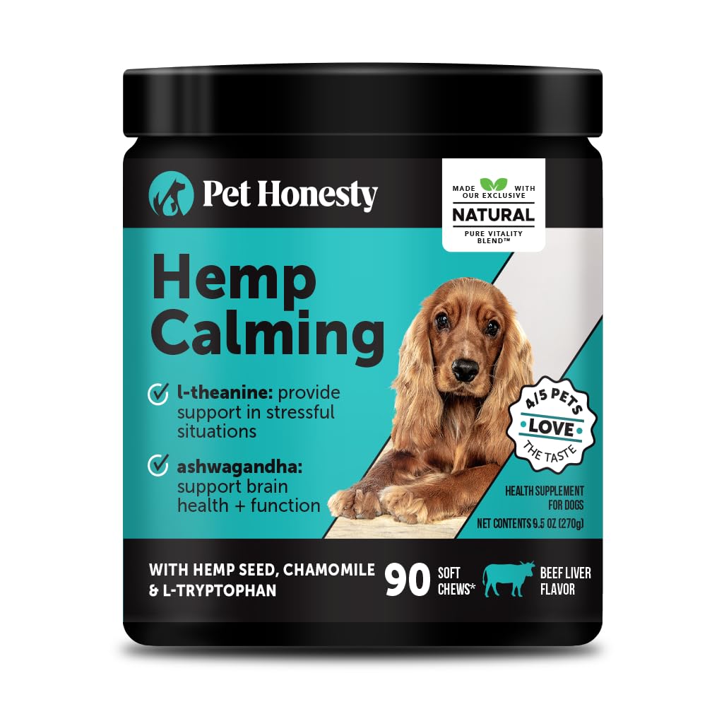 Pet Honesty hemp calming chews packaging highlights natural ingredients for anxiety support.