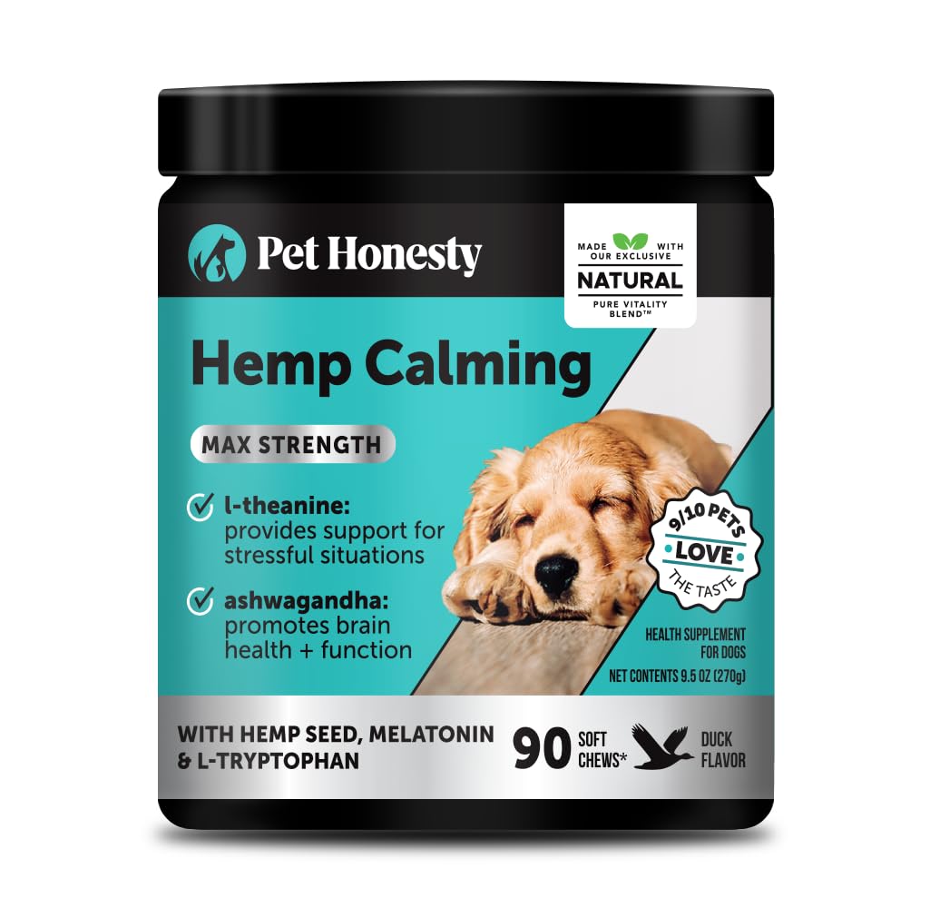 Pet Honesty natural hemp calming duck bottle pour shows calm in action