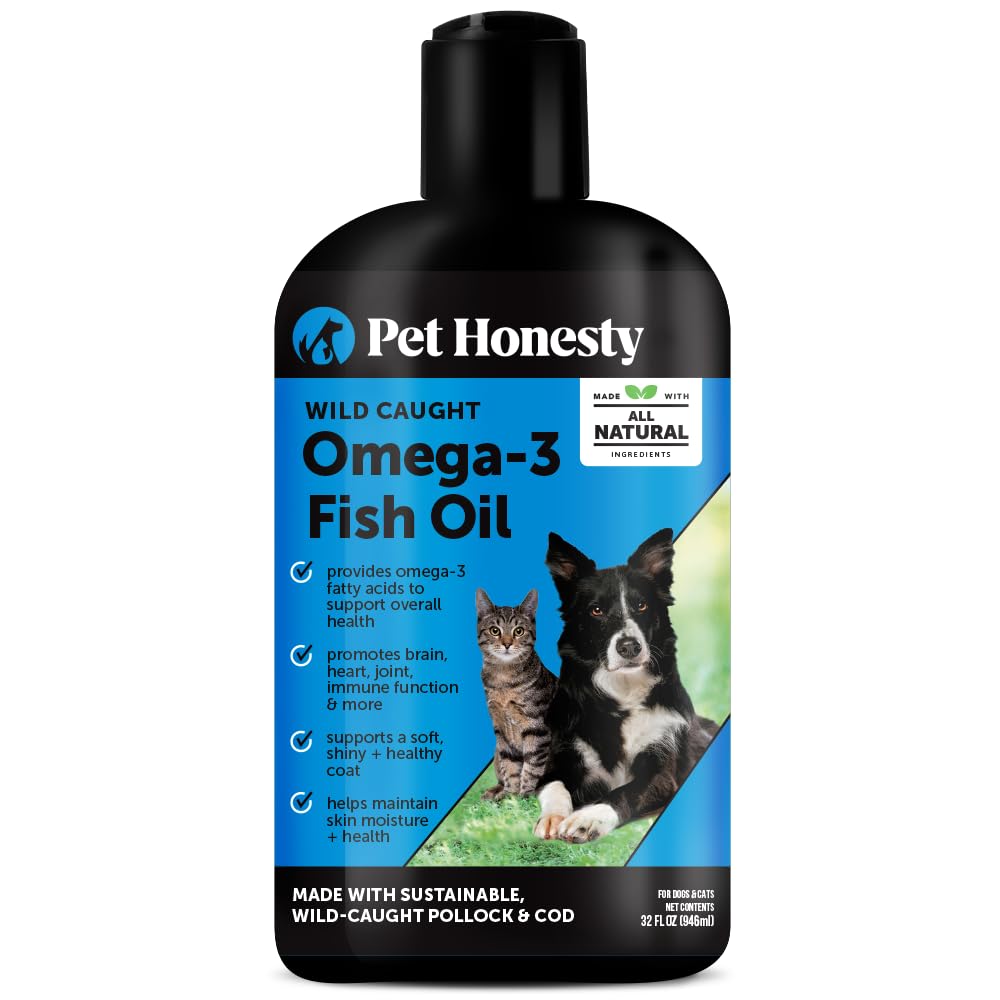 Pet Honesty Omega-3 bottle closeup showing Alaska fish oil for healthy skin.