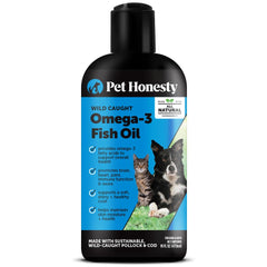 Pet Honesty Omega-3 bottle front; supports healthy skin and coat for dogs and cats.