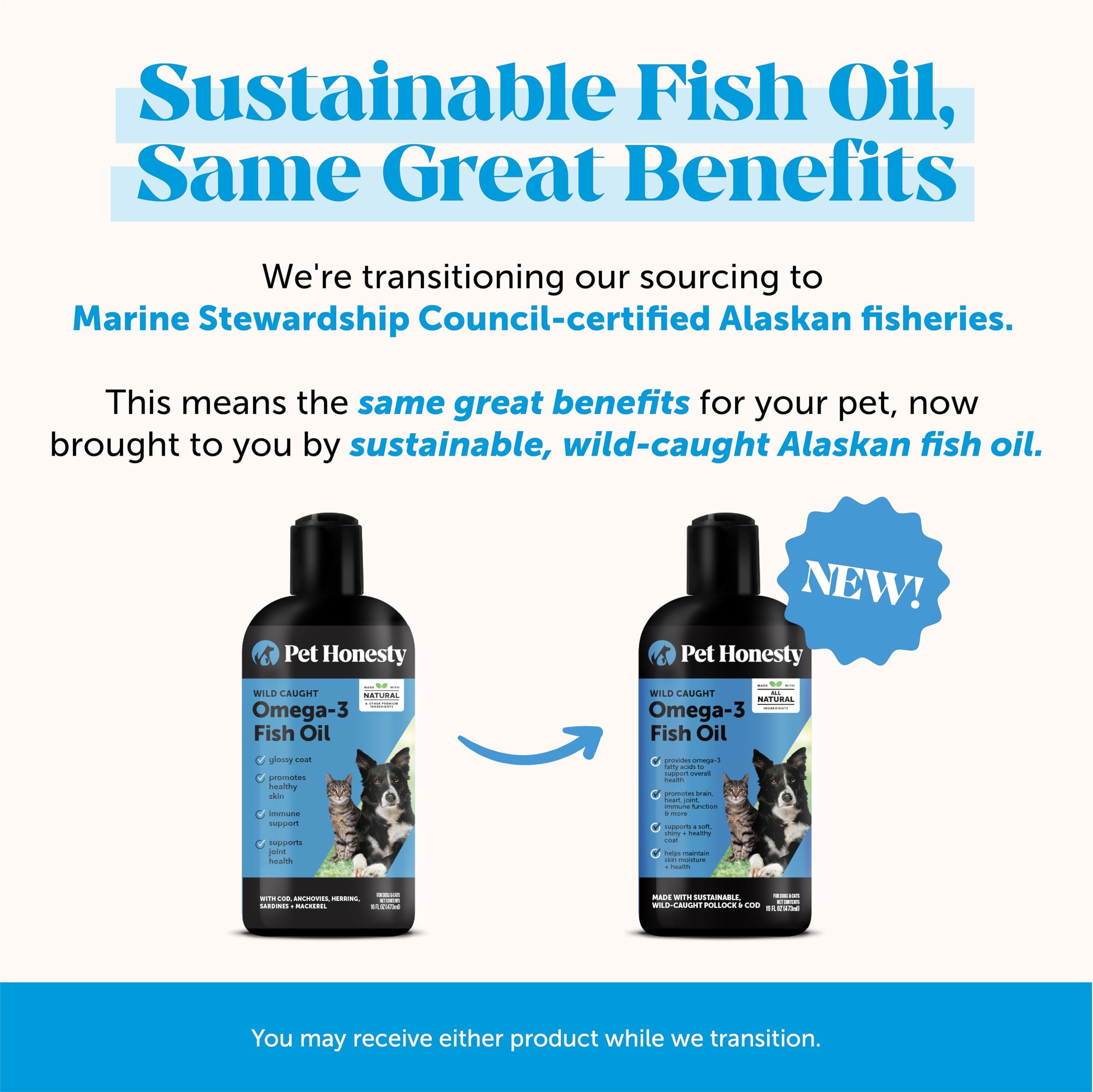 Pet Honesty Omega-3 ingredients label; highlights wild-caught Alaska fish sources.