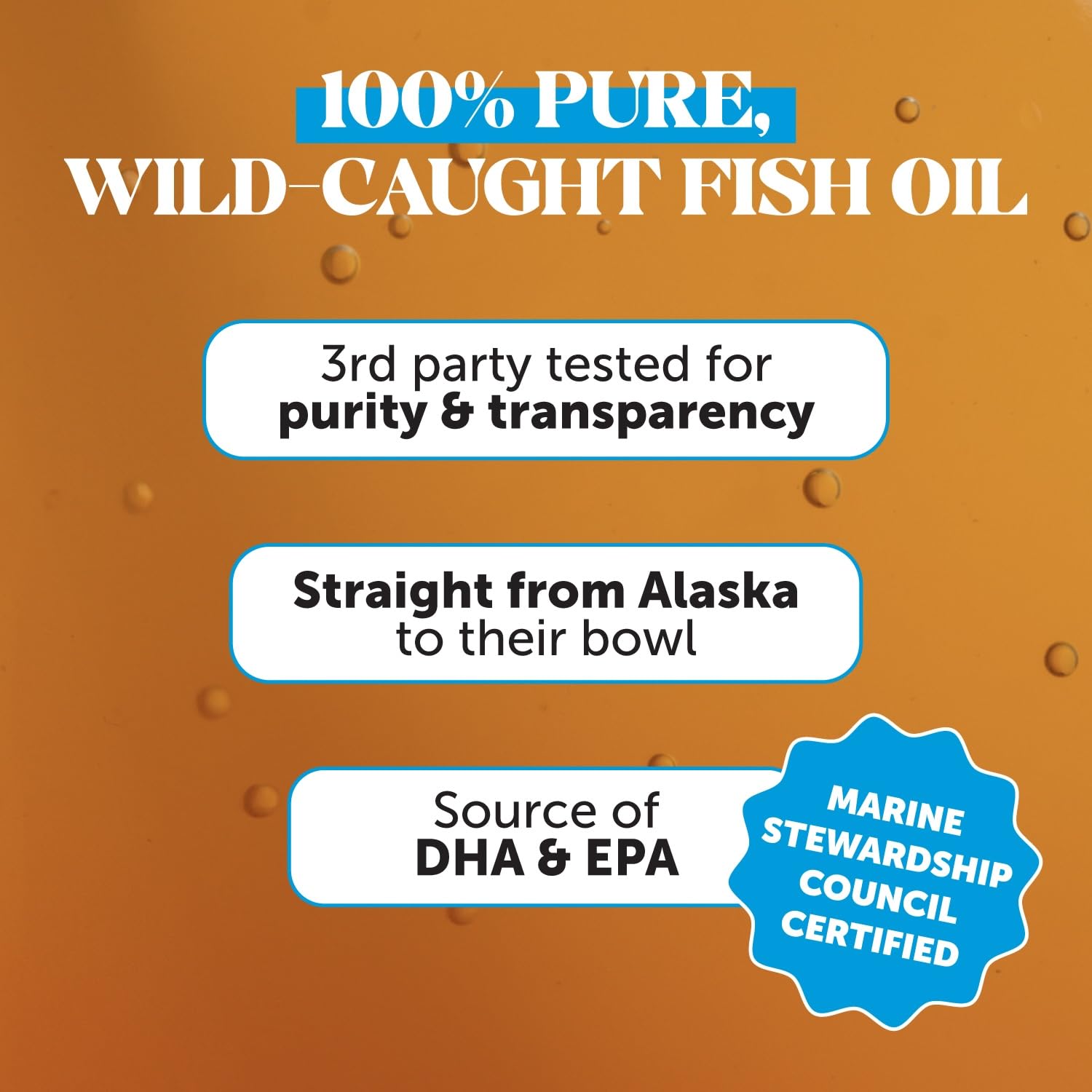 Pet Honesty Omega-3 label detail highlighting wild Alaska origin and purity.