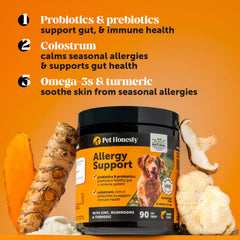 Pet Honesty probiotic omega-3 dog supplement package highlights gut and skin health