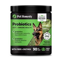 Pet Honesty probiotics for dogs bottle supports gut health with tasty daily chews.