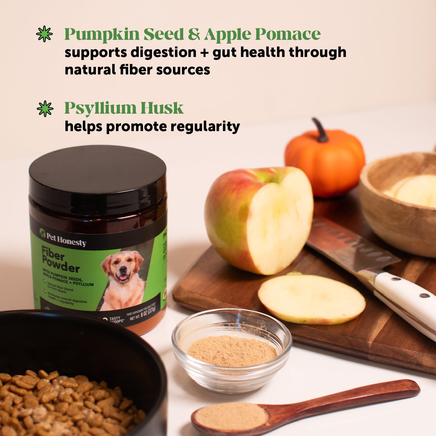 Pet Honesty psyllium husk fiber visual emphasizes gentle digestive support.