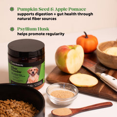 Pet Honesty psyllium husk fiber visual emphasizes gentle digestive support.