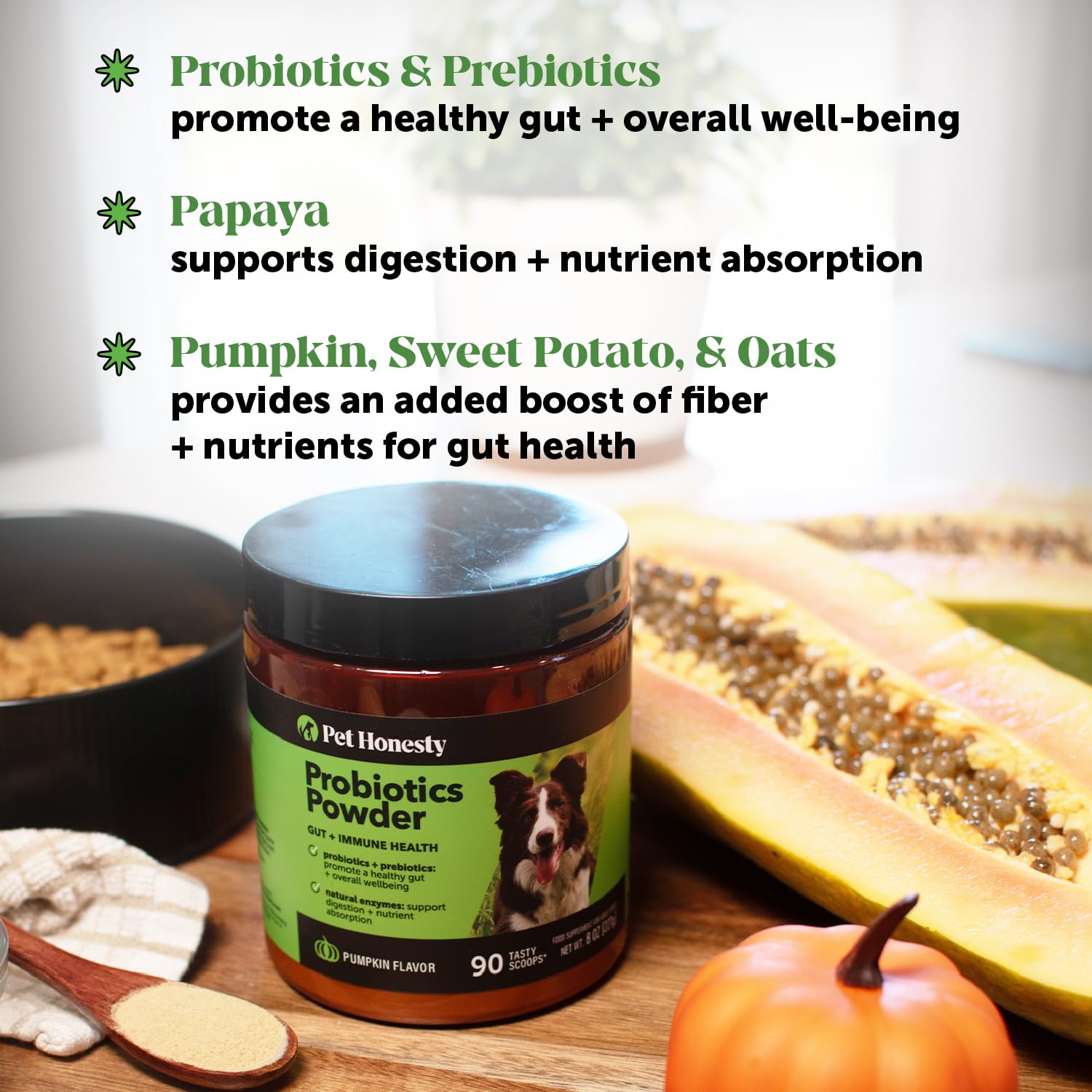 Pet Honesty pumpkin prebiotic blend supports gentle digestion and nutrient absorption for dogs.