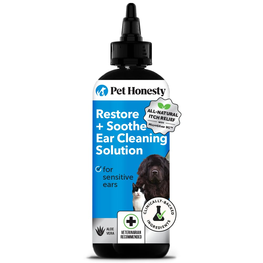Pet Honesty Restore + Soothe ear cleaner bottle shows gentle care for sensitive ears